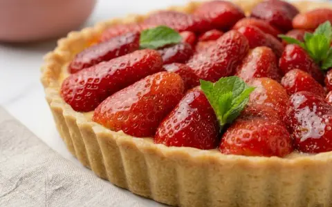 Tarte aux fraises fraîchement préparée, garnie de fruits rouges brillants et de feuilles de menthe, sur un fond clair.