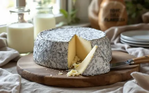 Un fromage à pâte pressée non cuite, à la croûte grise et blanche, est coupé sur une planche en bois. Le Pouligny Saint-Pierre est prêt à être dégusté.