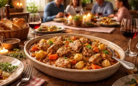 Un plat de ragout de porc mijoté avec des pommes de terre et des carottes, servi dans un plat ovale sur une table en bois, avec des convives en arrière-plan.
