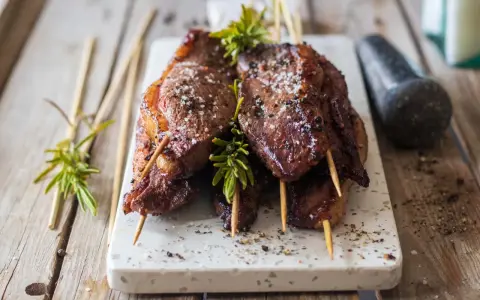 Brochettes de magret de canard marinées, garnies de romarin frais et saupoudrées de gros sel. Un délice à partager.