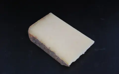 Un morceau de Cantal, lait cru ou pasteurisé, à la croûte rustique et à la pâte jaune pâle, posé sur un fond sombre.
