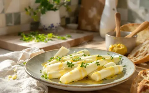 Poireaux vinaigrette, tendres et savoureux, arrosés d'une sauce dorée et parsemés de persil frais. Un délice simple et élégant.