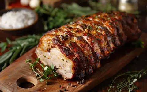 Un rôti de porc savoureux, tranché et garni d'herbes, prêt à être dégusté. Le temps de cuisson d'un rôti de porc est crucial pour sa tendreté.