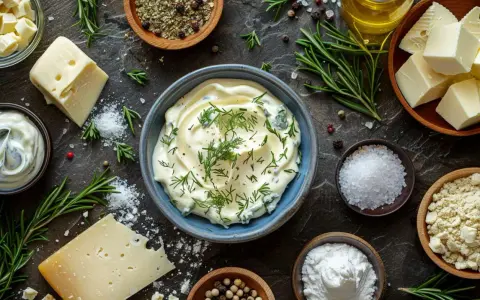 Un bol de sauce au bleu crémeuse, garnie d'aneth frais, entouré d'ingrédients pour une recette savoureuse : fromage, beurre, sel, poivre et herbes.