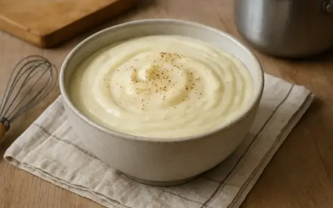 Bol de béchamel onctueuse saupoudré de poivre, avec un fouet et une planche en bois en arrière-plan.