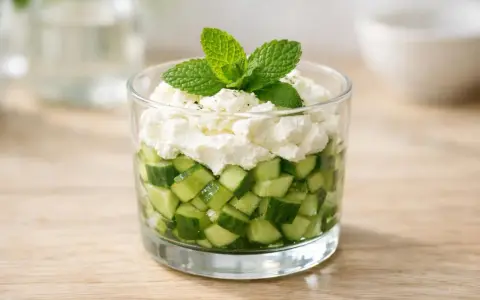 Verrine fraîcheur : dés de concombre croquants surmontés d'une crème onctueuse et d'une touche de menthe. Un délice léger et rafraîchissant.