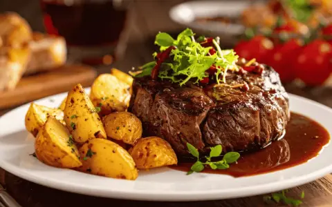 Un plat appétissant de filet mignon de porc, accompagné de pommes de terre rôties et d'une sauce riche. Parfait pour des recettes de filet mignon de porc.