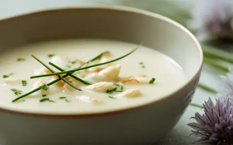 Un bol de velouté d'asperges blanches, garni de brins de ciboulette et de morceaux d'asperges. Des fleurs d'ail ornent le bord.