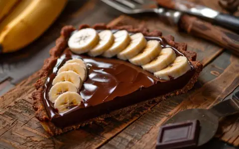 Une part de tarte banane chocolat, garnie de rondelles de banane fraîche sur une ganache onctueuse, sur un fond en bois rustique.
