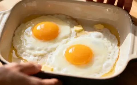 Deux œufs au plat dans un plat en céramique, parfaits pour une recette avec beaucoup d'œufs. Du beurre fond doucement.