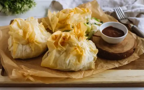 Délicieux feuilletés de pâte filo, parfaits pour une recette facile et rapide. Accompagnés d'une sauce savoureuse.