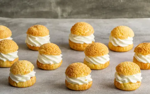 Douzaines de délicieux choux à la crème, garniture généreuse de crème fouettée, sur fond gris.