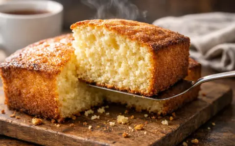 Un délicieux gâteau nature, encore chaud, est servi sur une planche en bois. La vapeur s'en dégage, invitant à la dégustation.