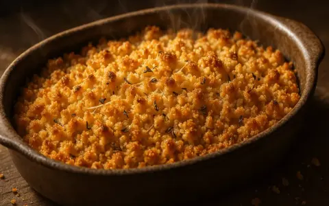 Un plat de pâte crumble salé au parmesan, doré et fumant, prêt à être dégusté. Une recette simple et savoureuse.