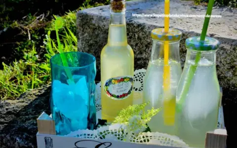 Bouteille de sirop de sureau et deux boissons rafraîchissantes avec des pailles, sur un plateau en bois, en extérieur.