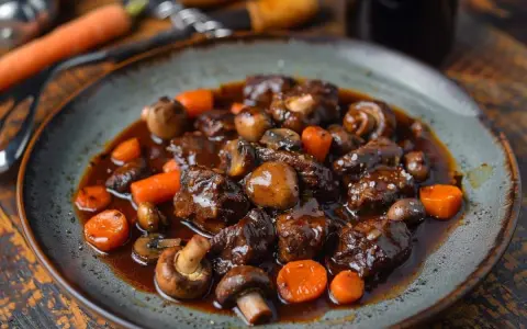 Un plat de boeuf bourguignon cookeo, avec des morceaux de viande tendres, des champignons et des carottes, nappés d'une sauce riche.