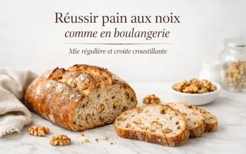 Un pain aux noix artisanal, tranché, avec une mie aérée et une croûte dorée. Des noix parsèment la mie et quelques-unes sont disposées autour.