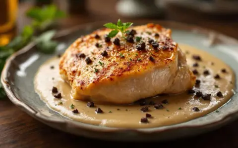 Un filet de poulet doré baignant dans une onctueuse sauce aux morilles, parsemé de morilles hachées et d'une touche de persil frais.