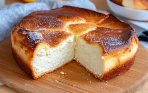 Gâteau aérien et crémeux, parfait pour une recette avec fromage blanc. Sa croûte dorée et son cœur moelleux invitent à la gourmandise.