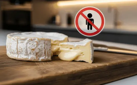 Un camembert coupé sur une planche en bois, avec un panneau d'interdiction. Question : quel fromage manger enceinte ?
