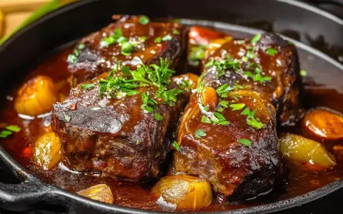 Quatre morceaux de joue de bœuf braisée, tendres et juteux, mijotent dans une sauce riche avec des oignons caramélisés et des herbes fraîches.