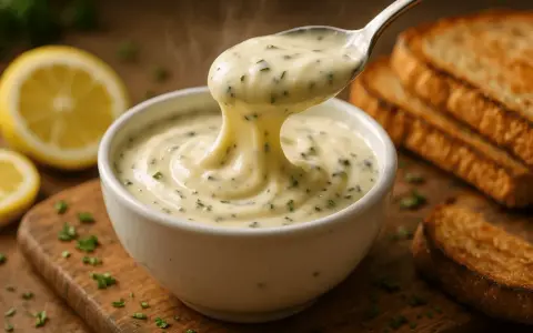 Une cuillère de sauce au comté crémeuse et fumante, parsemée d'herbes, est retirée d'un bol blanc. Des toasts grillés et des citrons sont en arrière-plan.
