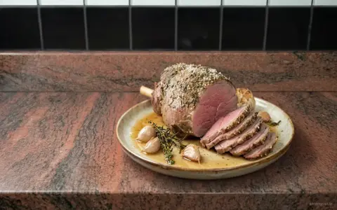 Rôti d'agneau sans os au four, tranché, avec ail et herbes. Le temps de cuisson parfait pour un plat savoureux.