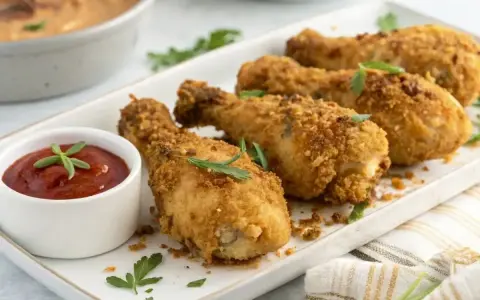 Plaisir croustillant : quatre pilons de poulet air fryer dorés, servis avec une sauce tomate et des herbes fraîches.