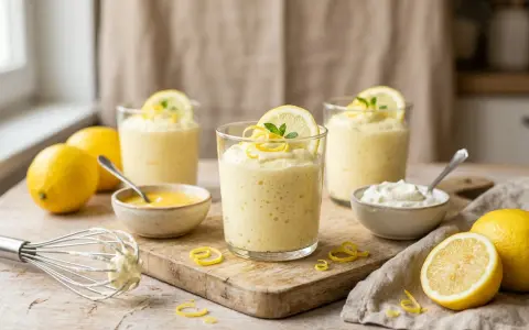 Trois verres de mousse au citron, décorés de rondelles de citron et de menthe. Des citrons frais, un fouet et des petits bols complètent cette scène gourmande.