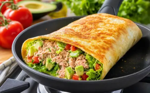 Un wrap garni de thon, avocat et tomates, prêt à être dégusté. Une recette wrap facile et rapide pour un repas sain.