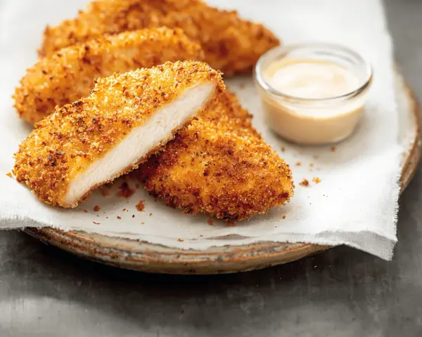 Délicieux poulet pané croustillant, coupé en deux pour montrer sa tendreté, servi avec une sauce crémeuse.