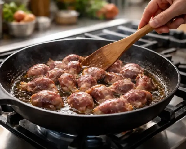 Gésiers de poulet enrobés de lard, poêlés dans une cocotte en fonte. Une délicieuse recette pour un plat savoureux.