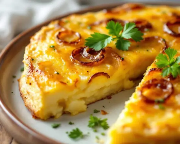 Une part de tortilla au four, dorée et garnie d'oignons caramélisés et de persil frais, sur une assiette.