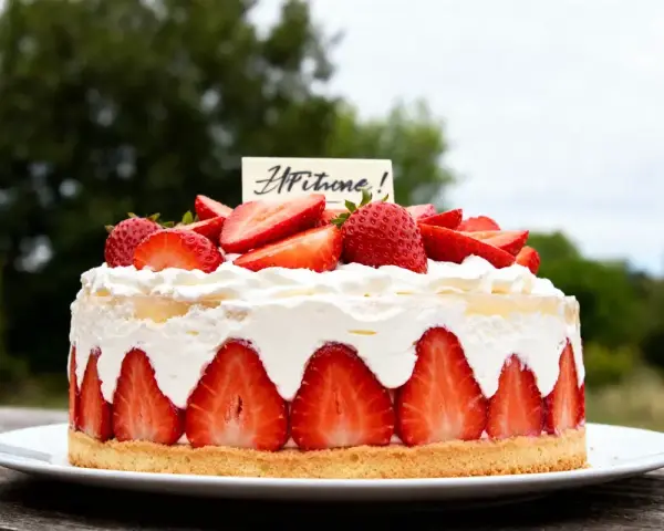Délicieuse charlotte aux fraises sans gélatine, garnie de crème fouettée et de fruits frais. Un régal pour les yeux et les papilles !