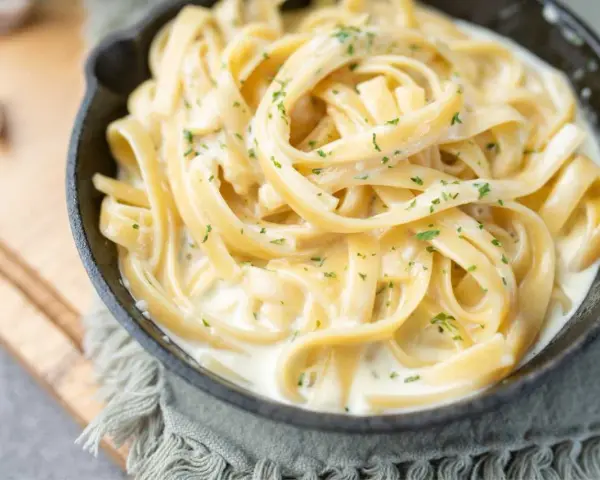 Fettuccine crémeux enrobé d'une onctueuse sauce fromage blanc, parsemé de persil frais. Un délice réconfortant.