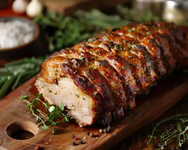 Un rôti de porc savoureux, tranché et garni d'herbes, prêt à être dégusté. Le temps de cuisson d'un rôti de porc est crucial pour sa tendreté.