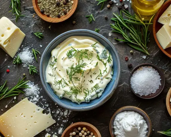 Un bol de sauce au bleu crémeuse, garnie d'aneth frais, entouré d'ingrédients pour une recette savoureuse : fromage, beurre, sel, poivre et herbes.