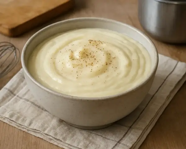 Bol de béchamel onctueuse saupoudré de poivre, avec un fouet et une planche en bois en arrière-plan.