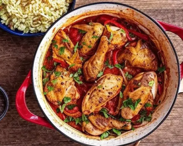 Un plat mijoté de poulet basquaise de ma grand-mère, avec des morceaux de poulet dorés, des poivrons et une sauce tomate savoureuse, garni de persil frais.