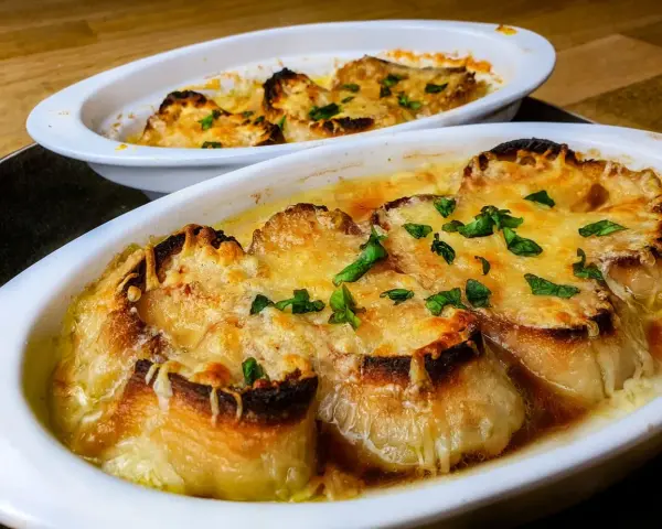 Deux gratins de soupe à l'oignon, dorés et gratinés, prêts à être dégustés. Une recette réconfortante.