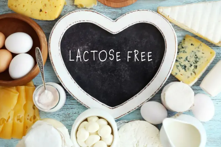 Assortiment de fromages, œufs et yaourt. Un cœur noir indique "LACTOSE FREE", parfait pour un fromage blanc sans lactose.