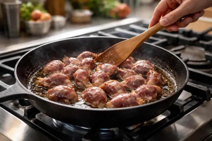 Gésiers de poulet enrobés de lard, poêlés dans une cocotte en fonte. Une délicieuse recette pour un plat savoureux.