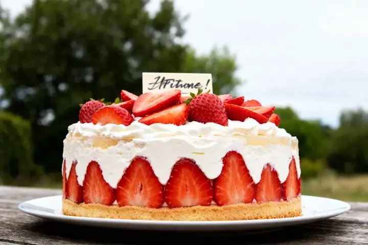 Délicieuse charlotte aux fraises sans gélatine, garnie de crème fouettée et de fruits frais. Un régal pour les yeux et les papilles !