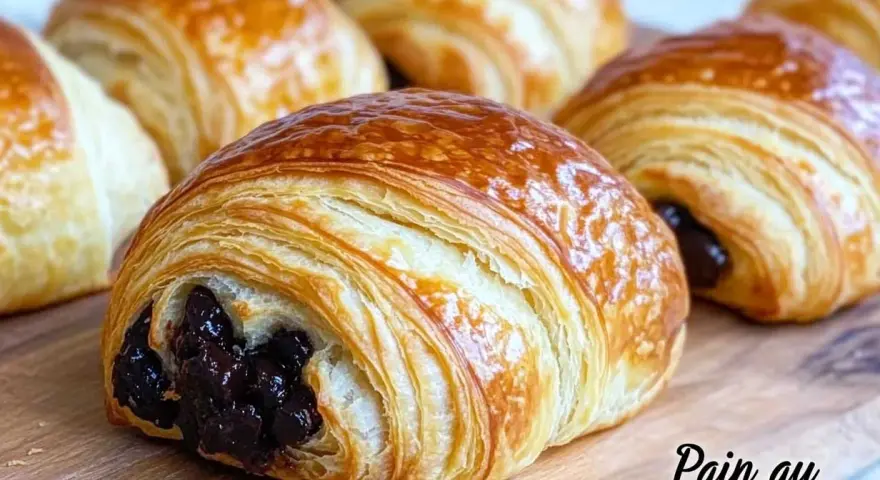 Un délicieux pain au chocolat, feuilleté et doré, avec une garniture au chocolat fondant. Parfait pour le petit-déjeuner.