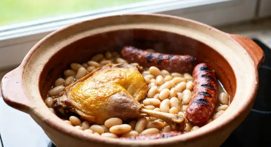 Un plat de cassoulet maison fumant dans une cocotte en terre cuite, avec un confit de canard doré et des saucisses grillées.