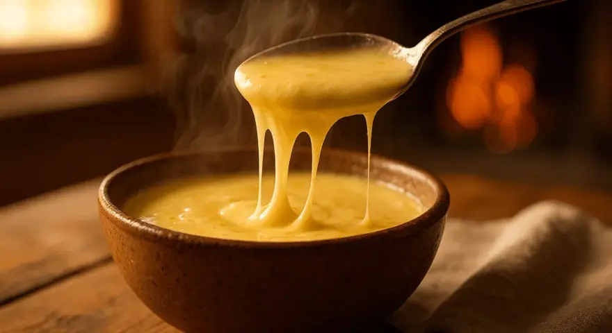 Une cuillère de crème de reblochon fumante s'étire au-dessus d'un bol, devant un feu de cheminée chaleureux.