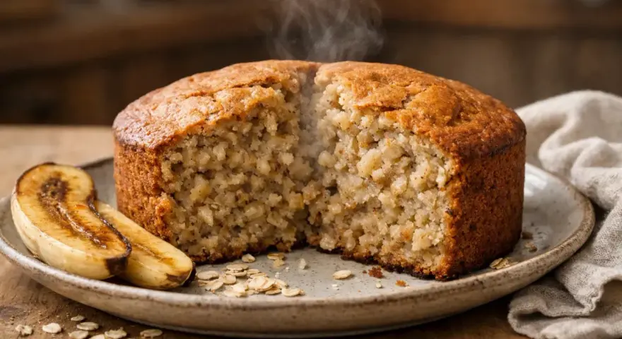 Gâteau moelleux à la banane et flocons d'avoine, encore chaud. Une délicieuse recette pour le petit-déjeuner ou le goûter.