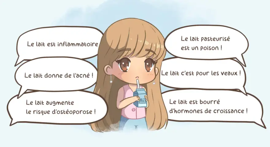 Une jeune fille boit du lait, entourée de bulles de dialogue affirmant que le lait pasteurisé c'est quoi, qu'il est inflammatoire, donne de l'acné, est pour les veaux, et plein d'hormones.