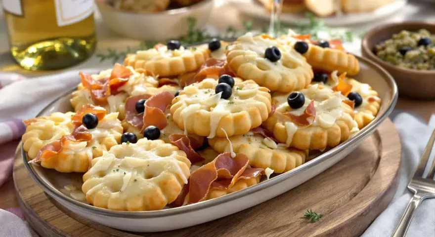 Plate of cookies salés originaux topped with cheese, prosciutto and olives, served with white wine.