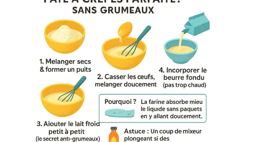 Recette crêpe 2 œufs : mélangez les ingrédients secs, ajoutez les œufs, puis le lait froid petit à petit. Incorporez le beurre fondu.